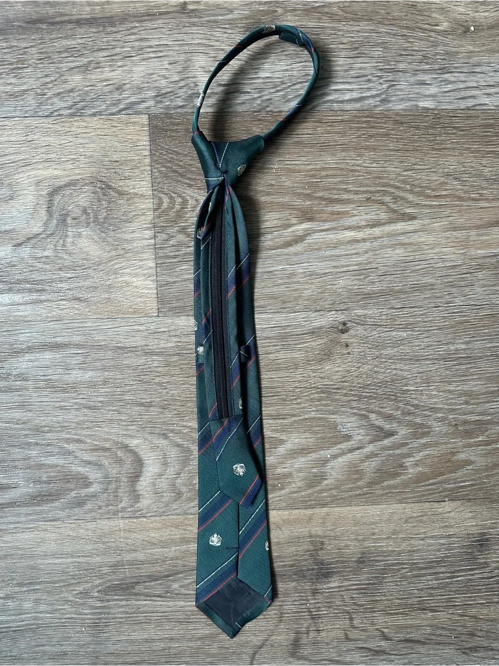 Vintage Unisex Dark Green Striped School Uniform Zipper Tie Royal Crest Pattern